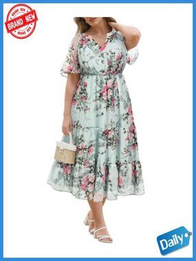 Plus Size Summer Chiffon Flowy Midi Dress with Pockets